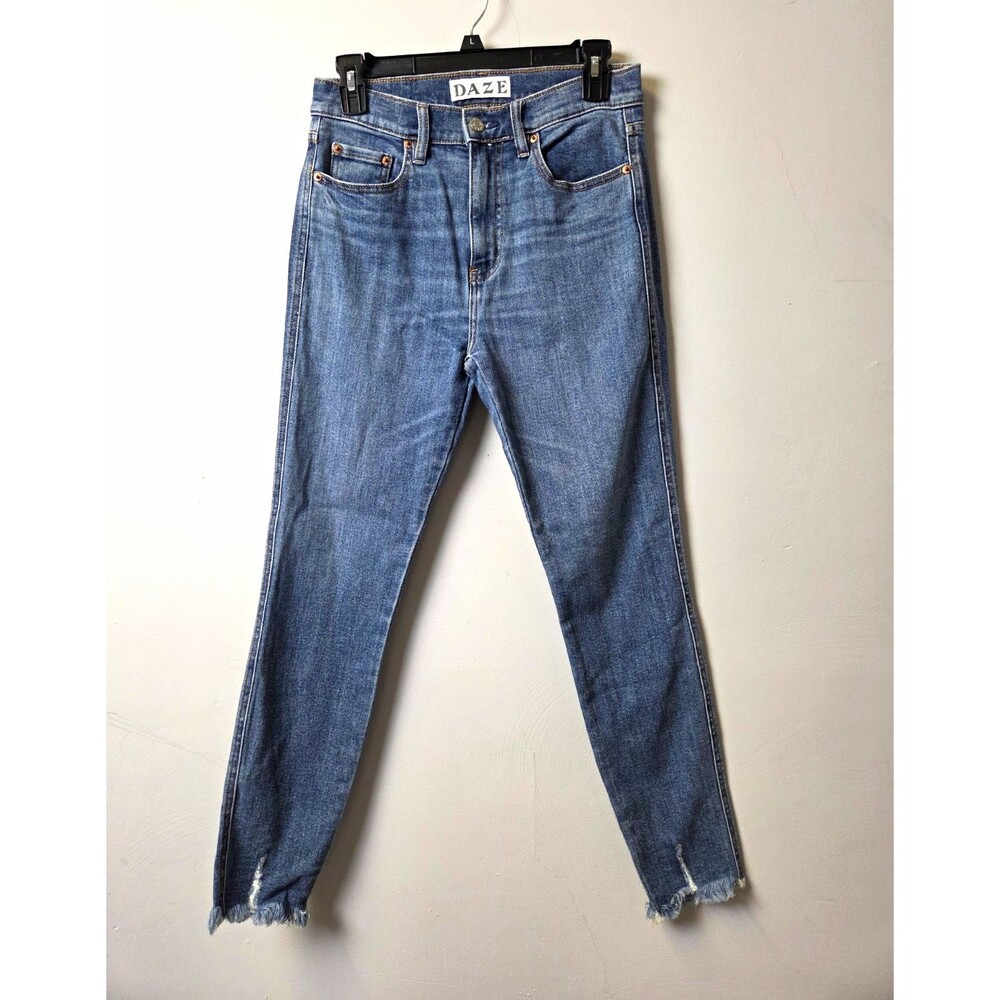 DAZE High Rise Skinny Jeans Medium Wash Raw Frayed Hem Size 27